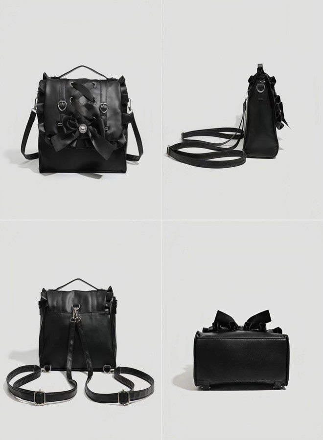 Winatehr small black cute bow purse, mini cutecore backpack for women, vegan leather satchel bag y2k purse, small crossbody japanese shoulder bag with ruffle, Jirai Kei coquette Shoujo girl lolita fashion - Image 5